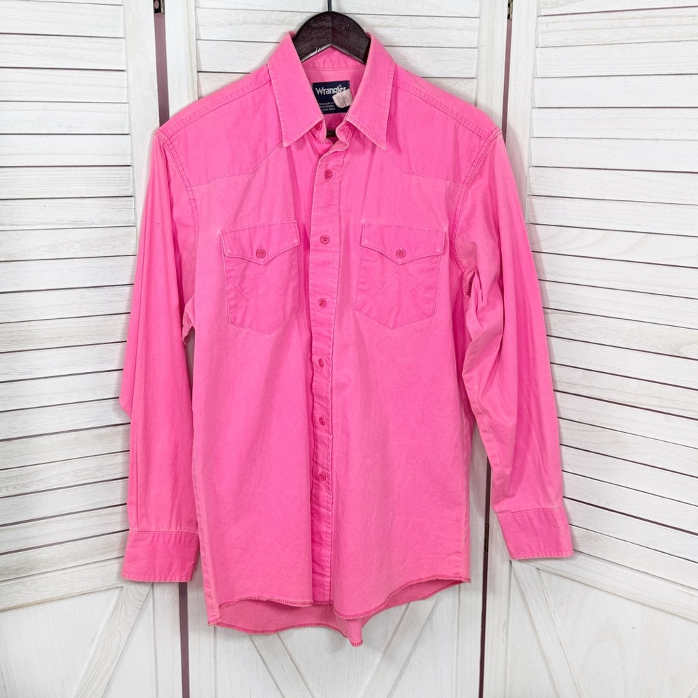 Vintage Wrangler Neon Pink Cotton Brushpopper Button Up Shirt Men 15.5 x 33